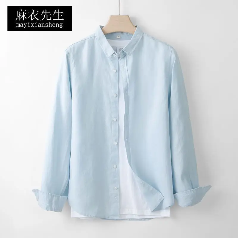 

Pure Linen Men's Long Sve Loose Casual irt Thiened Winter Cotton Linen Pure Color Collared Trendy Top Lace Detailing