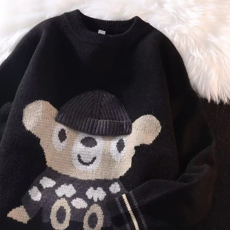 Spring Autumn Bear Print Men Long Sleeve O Neck Knitted Sweater Japan Style Youth Fashion Casual Oversized Pullovers Black Blue