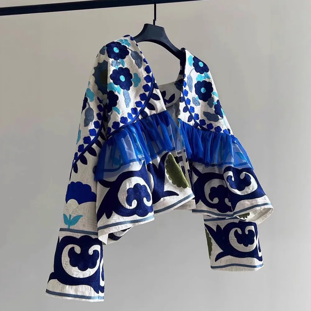 

2025 Autumn New European and American Style Niche Vacation Blue Embroidered Cardigan Coat for Women