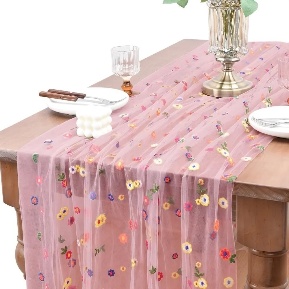 

Vintage Embroidery Daisy Table Runner Boho Elegant Tulle Table Runner Long Easy To Clean Colorful Table Cover