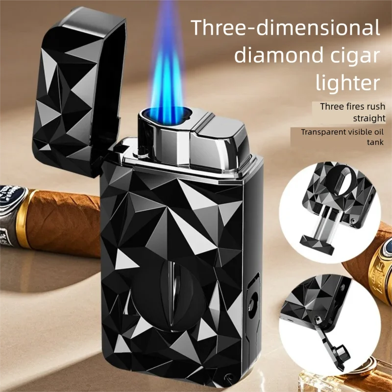 Diamond Faceted Triple Jet Flame Lighter - V-Cut Cigar Cutter Windproof Refillable Igniter