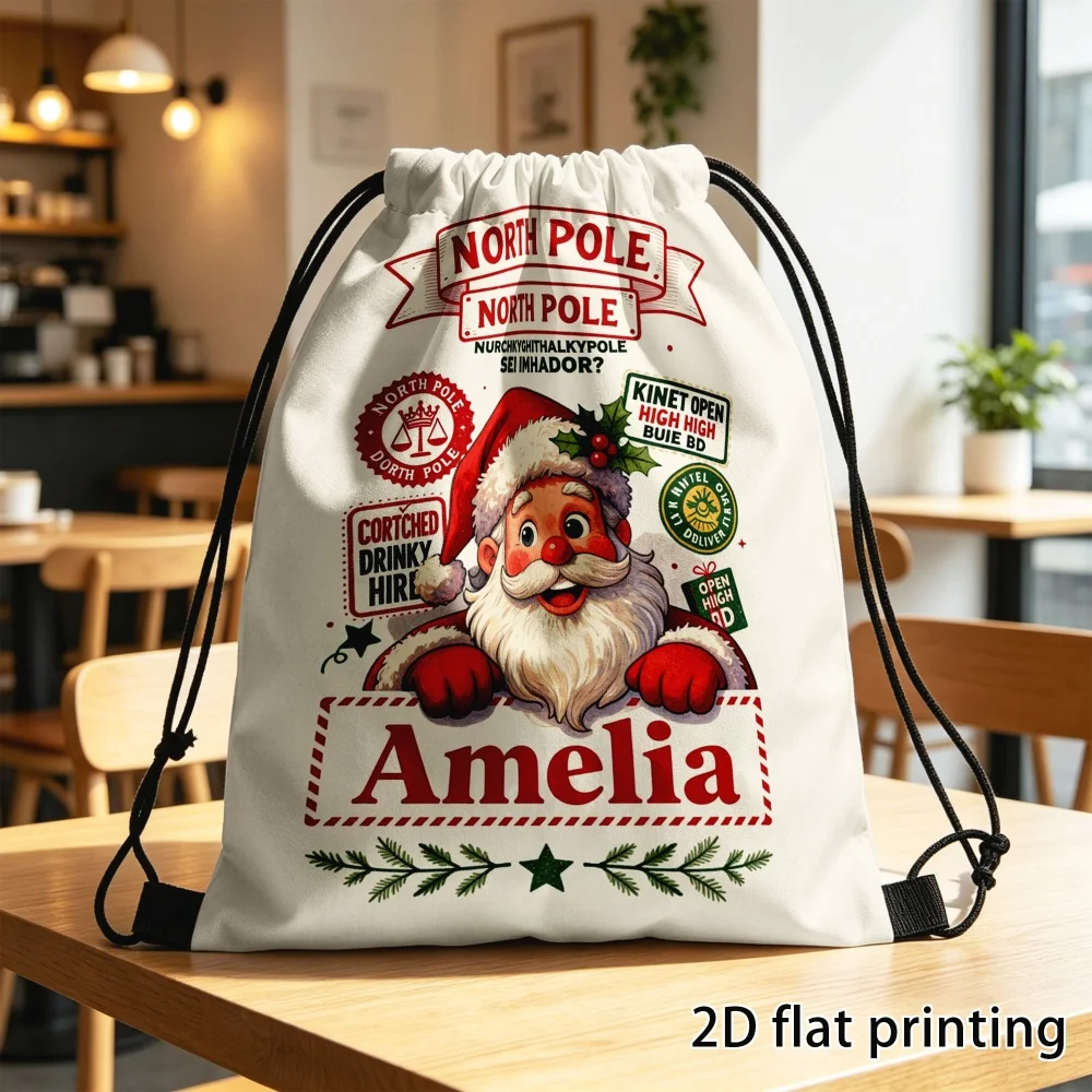 1Pc Christmas Theme Custom Text/Name Drawstring Backpack, Santa Claus Design Christmas Gift Storage Pouch, Party Candy Bag