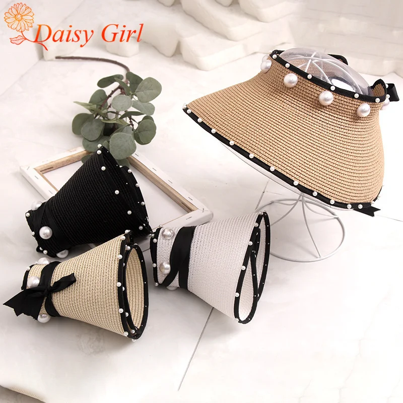 

Summer Korean Version Of Versatile Straw Hats Pearl Empty Top Straw Woven Topless Hat Sun Protection Sun Beach Sun Hat