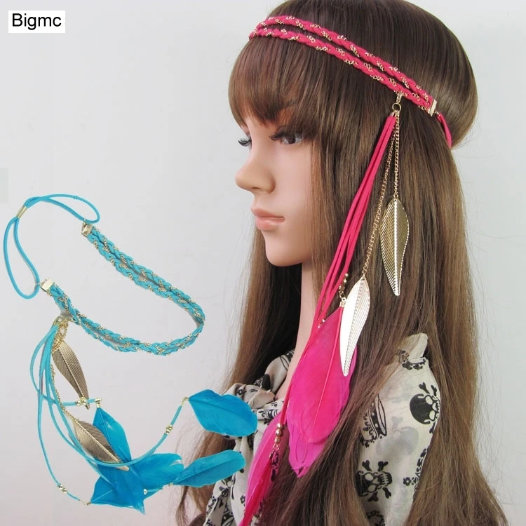 New Fashion Women Colorful Feather Headband Double Layer Spandex Velvet Striped Ribbon Bohemian Indian  Leaf Hair Band A5005