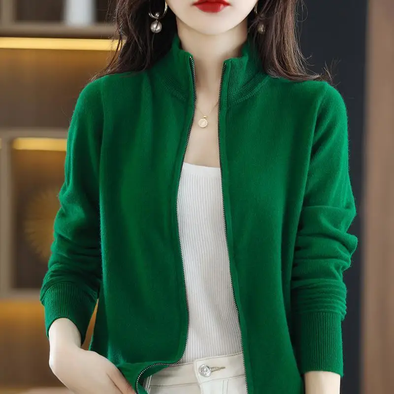 2024 Spring and Autumn New Woolen Sweater Women\'s Zipper High Neck Sweater Coat Fashion Short Solid Color Cardigan Top Trendy