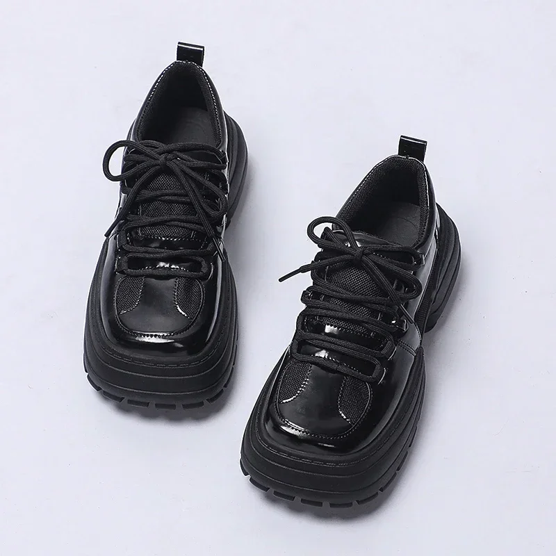 Retro Woman Shoes Casual Female Sneakers Flats British Style Oxfords Square Toe Platform All-Match Dress Preppy Leat