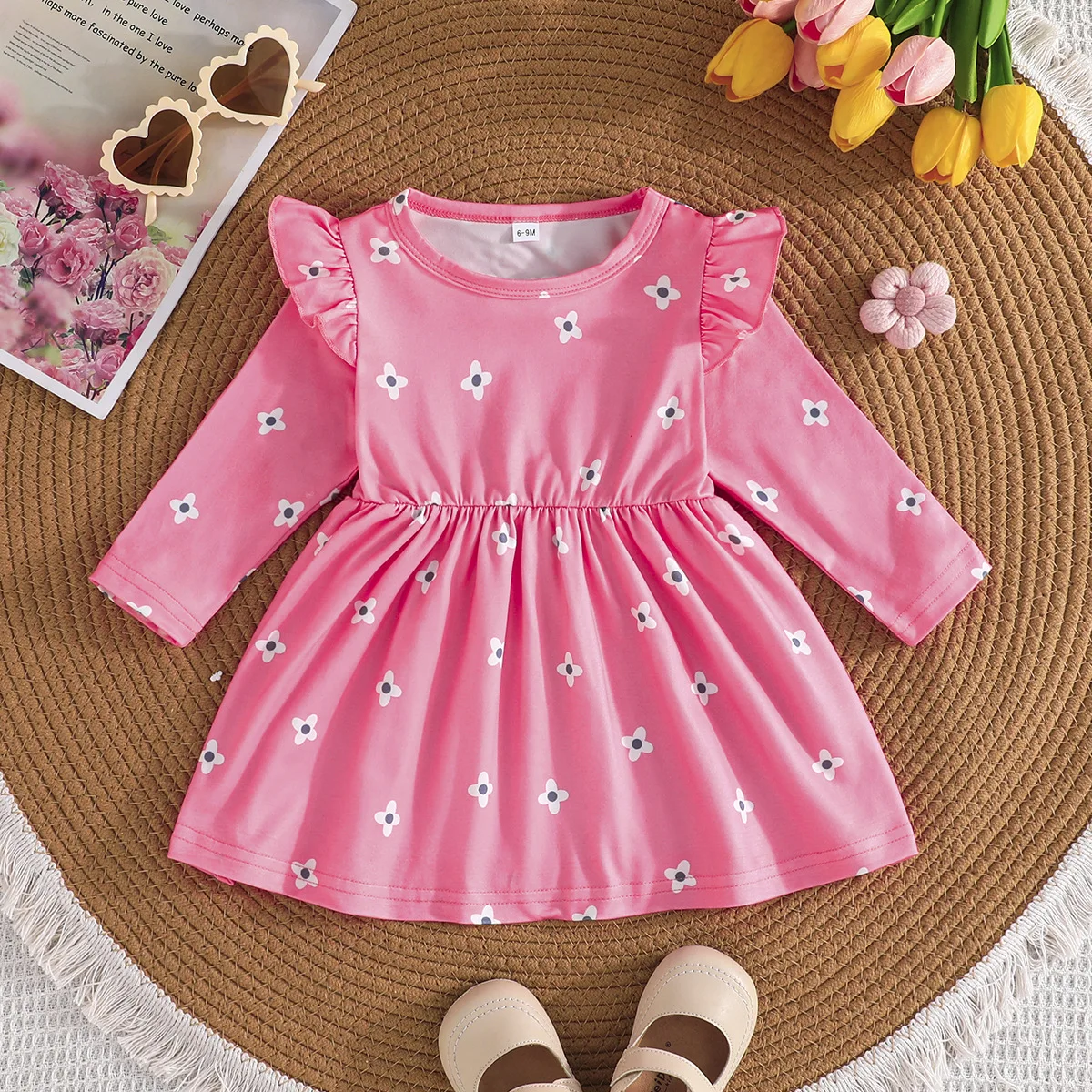 Winter 2024 Girls Dress Girls Long Sleeve O Neck Ruffles Print Fruit Pink Cute Preepy Look Birthday Party Dresses Vestidos 6M-3T