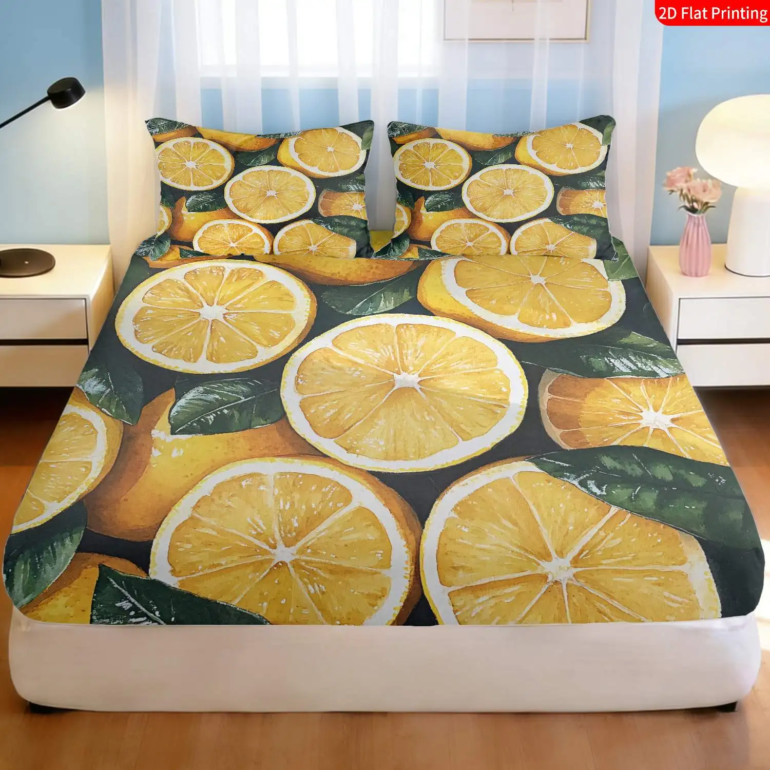 3-piece citrus bedding set with lemon slice and leaf print, mattress protector. Three-piece bedding set (includes 1 fitted sheet + 2 pillowcases). 3-piece set, large-capacity deep pocket 2D printed fitted sheet and 2 pillowcases. Bedding mattress protector, fitted elastic style. Protective cover, suitable for all seasons, machine washable design. Holiday decoration, various sizes. Breathable protective cover with pillowcases