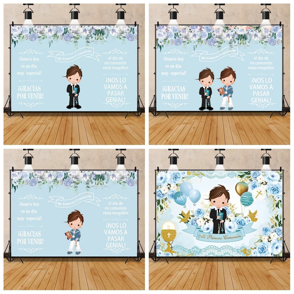 My First Communion Backdrop God Bless Boy Girls Decoration Party Christening Gold Cross Angel Baby Shower Mi Bautizo Background