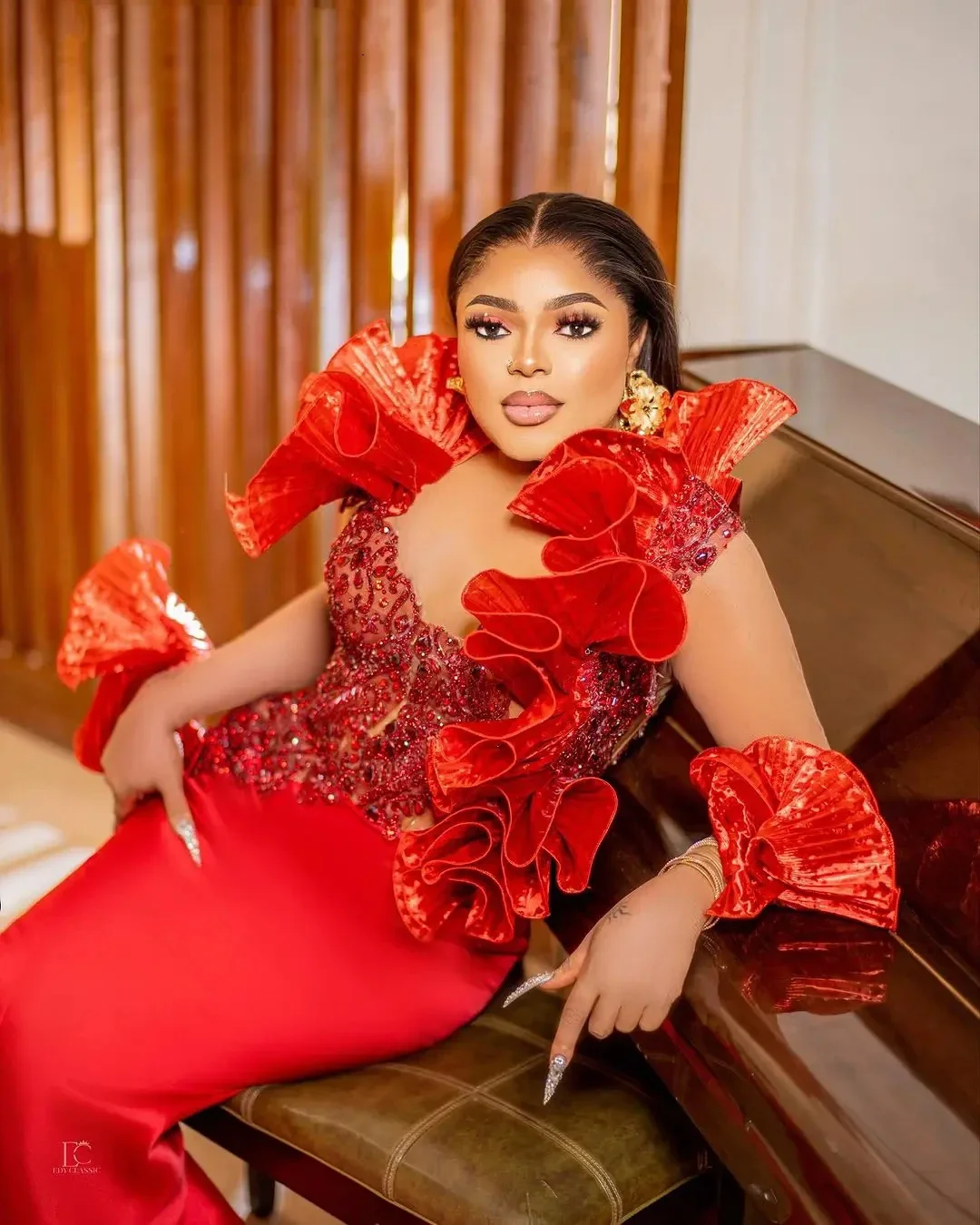 Ruffled Beading African Formal Party Dresses Aso Ebi Style Red Mermaid Wedding Reception Dress  Plus Size Wedding Guest Gowns
