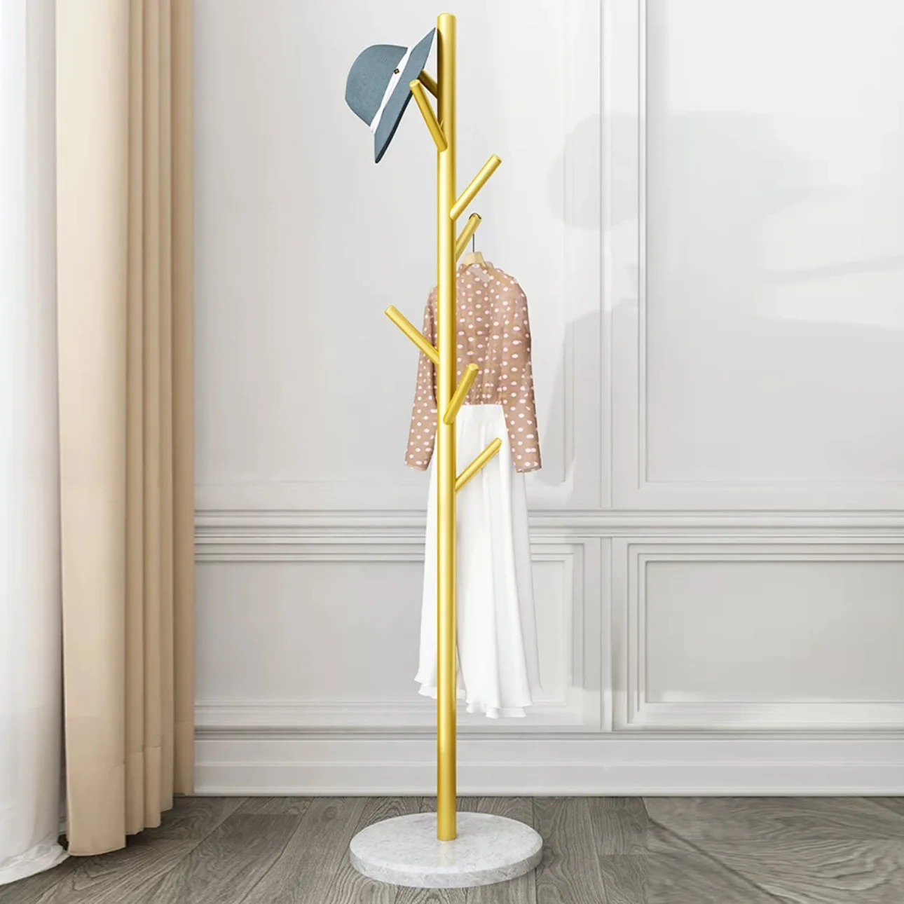 Marble Coat Rack for Bedroom Simple Home Floor Standing Lightweight Single-Bar Clothing and Bag Hanger