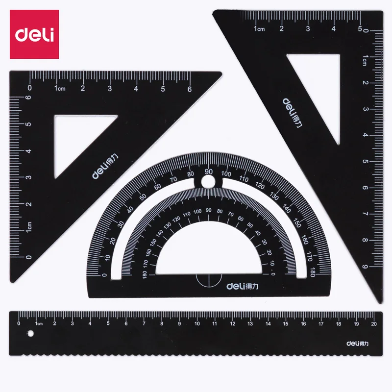 Deli 79522 Black 20cm Metal Ruler Set Triangular Ruler Protractor Student Drawing Tool 192pcs Per Carton Math Sets