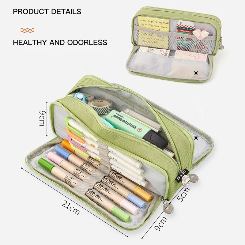 CHEN LIN 1Pcs Large Capacity 3 Compartment Pouch Pencil Case Double Side Opening Pen Bag Simple Solid Color Student Stationery