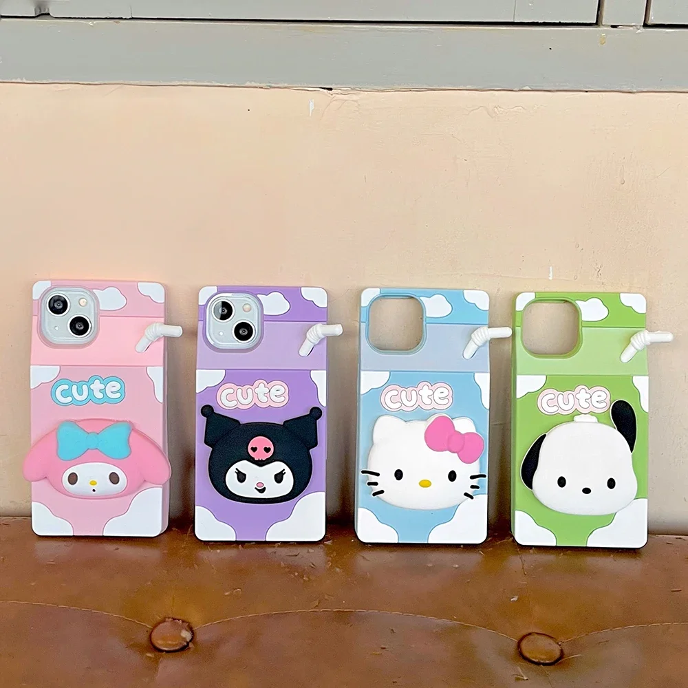 Cute Hello Kitty My Melody 3D Milk Carton Stereoscopic Phone Case for IPhone 16 15 14 13 12 11 Pro Max Soft Silicone Back Cover