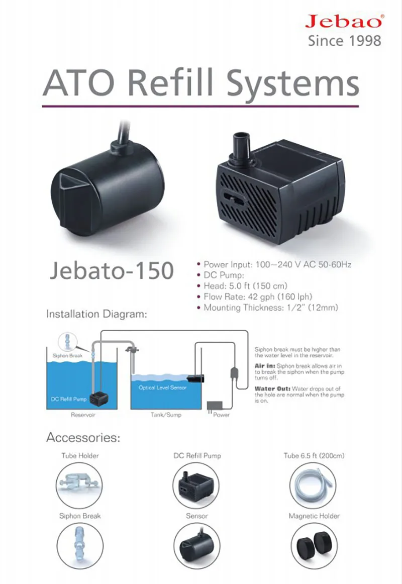 Jebao-150 Aquarium ATO Refill Systems Fish Tank Freshwater Marine Water Aquarium Automatic Filler Water Pumps Circulation