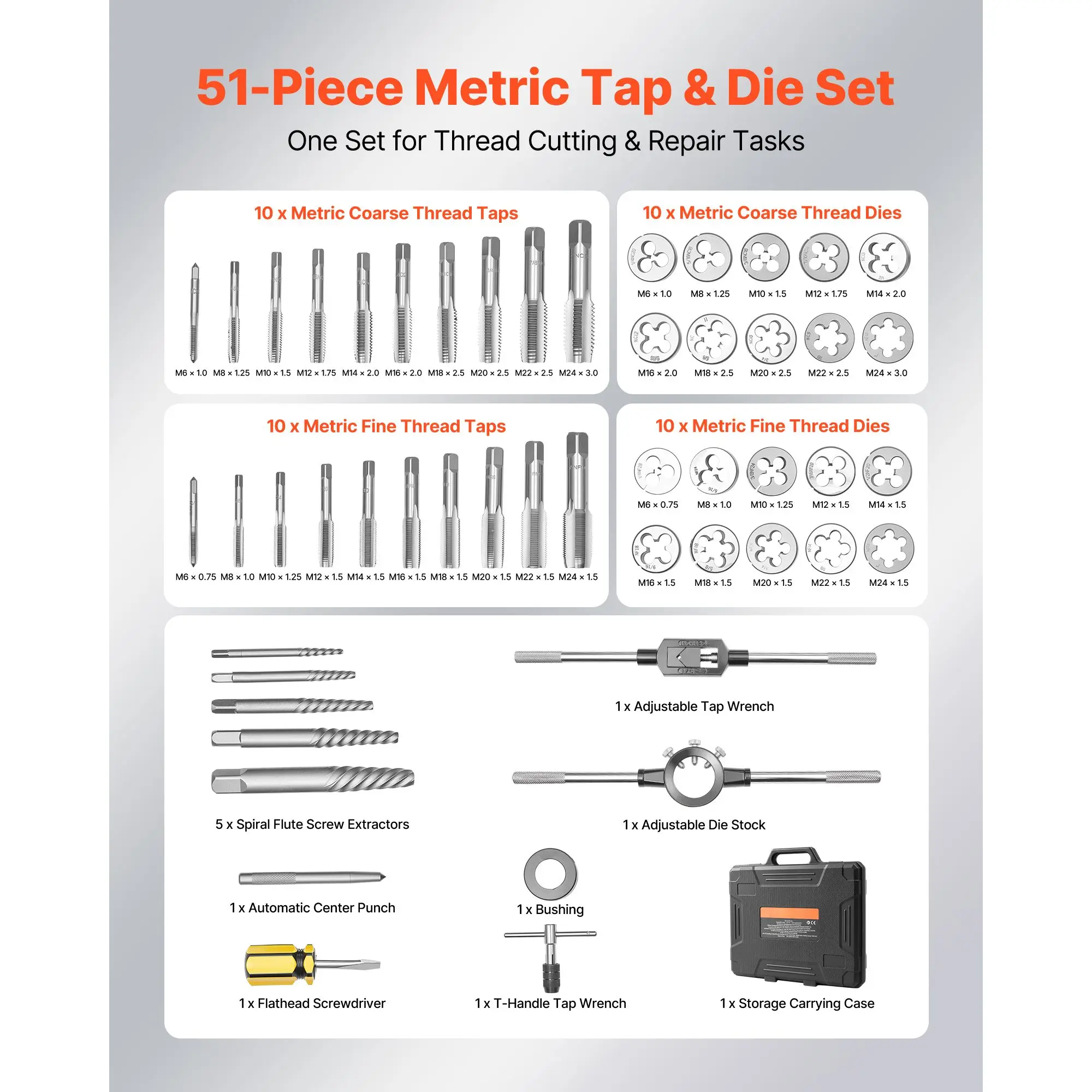 Tap and Die Set, 51-Piece Metric Sizes M6 to M24, with Coarse and Fine Thread Taps and Dies, Wrench, Carrying Case and Complete
