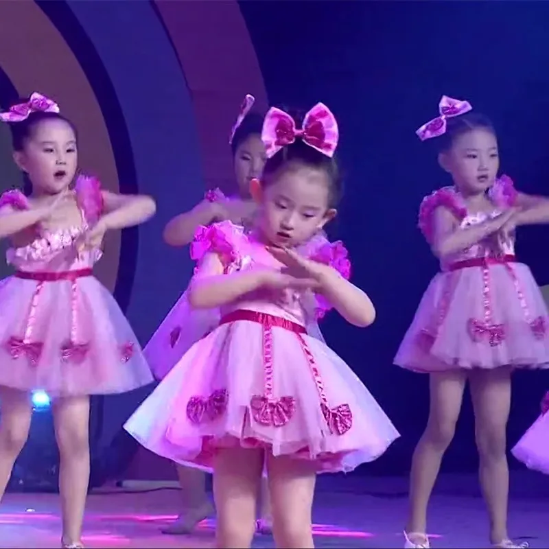 

Little Flower Dance Costume Fluffy Gauze Skirt Princess Dress Pink Children's Performance Costume
