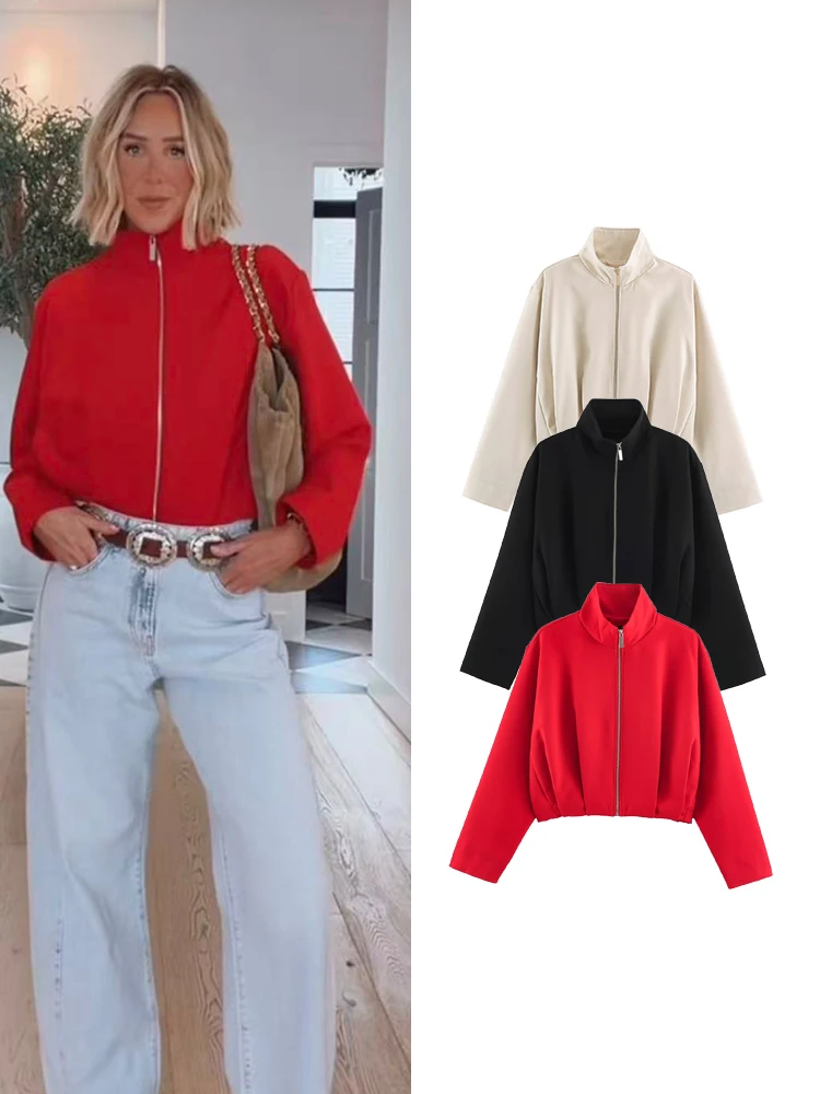 TFMLN Women's Zip Cropped Bomber Jacket Elastic Hem Loose Fit Long Sleeve Casual Stand Collar Outer Coat Spring Autumn New