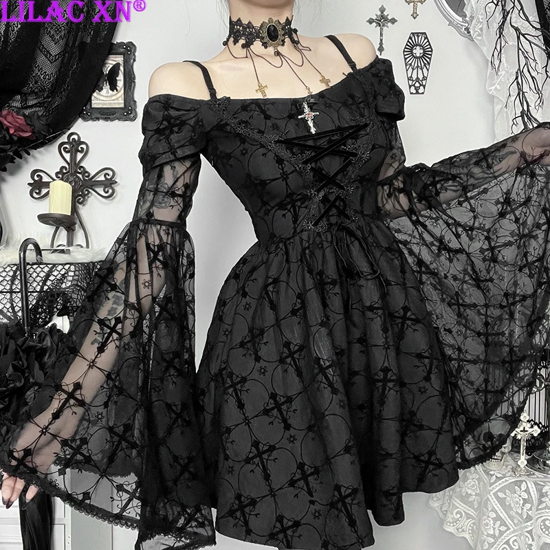 Goth Sexy Black Cross Flocking Off-Shoulder Party Dresses Vintage Cross Flocking Lace See Through A-Line Long Sleeve Mini Dress