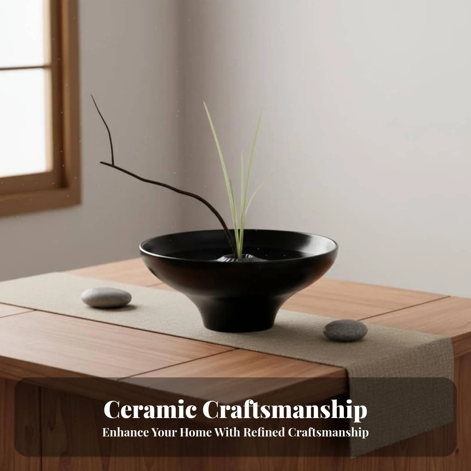 Japanese Style Ceramic Flower Arrangement Base Shallow Wide Vessel for Tea Room Table Centerpiece