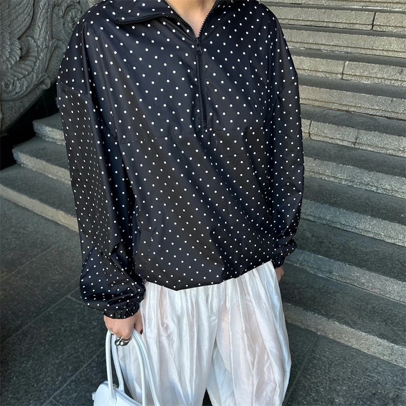 

Casual Polka Dot Printed Zipper Jacket Women's Fashion Full Sleeves High Collar Loose Coat 2025 New Autumn Lady Commute Outwear