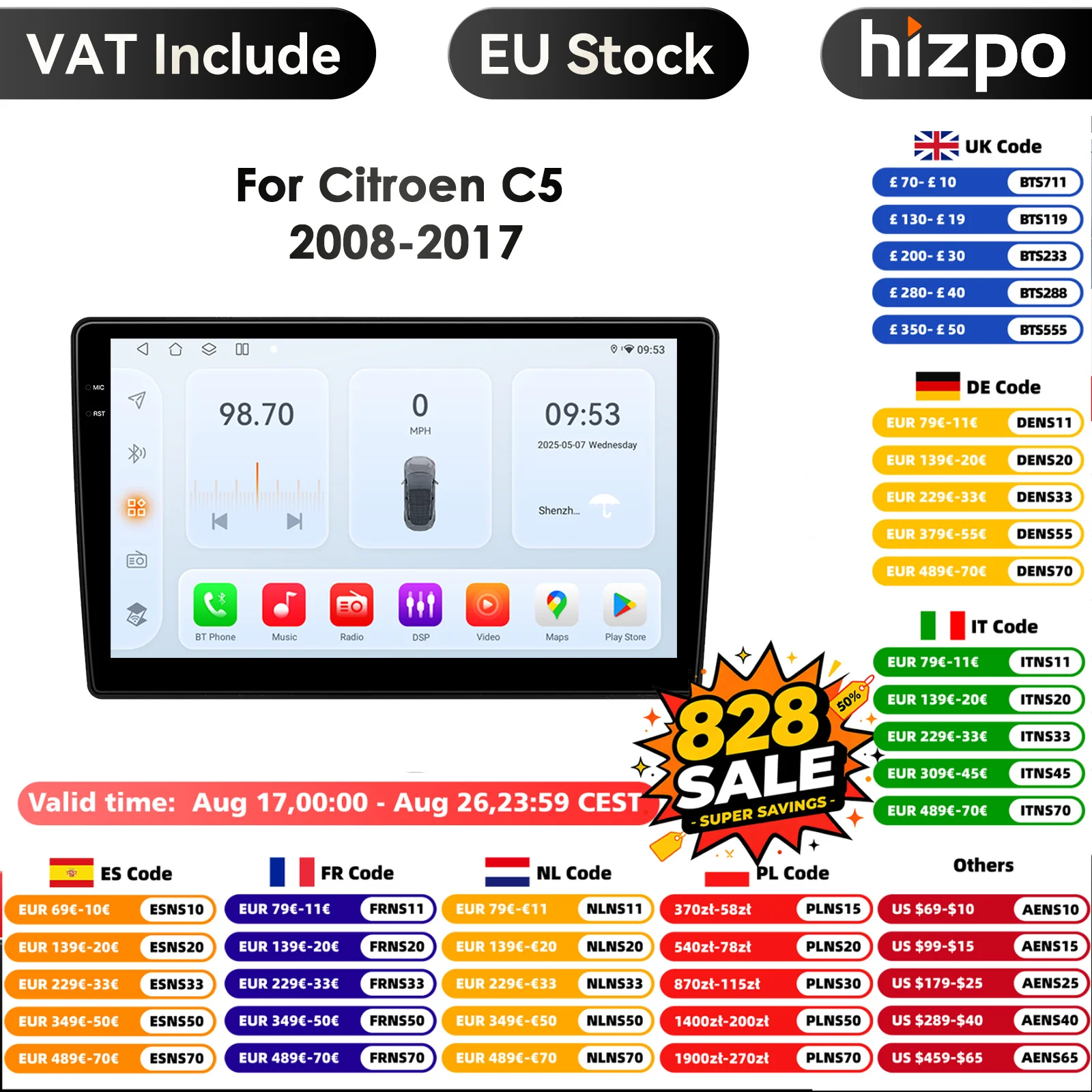 Autoradio Android Carplay sans fil, lecteur vidéo, limitation d'autoradio, 4G, DSP, GPS, 2 Din, 10.1 en effet, Cristaux en C5, 2008 -2017