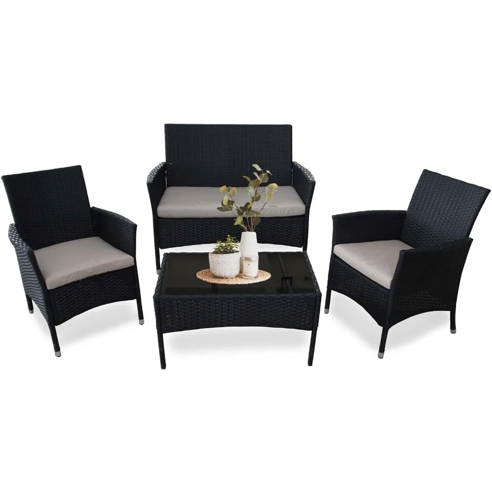 

Outdoor Furniture Set of 4 – PE Waterproof Rattan, Tempered Glass Table & Thick Cushions – Patio Lounge Chairs for Garden, Porch