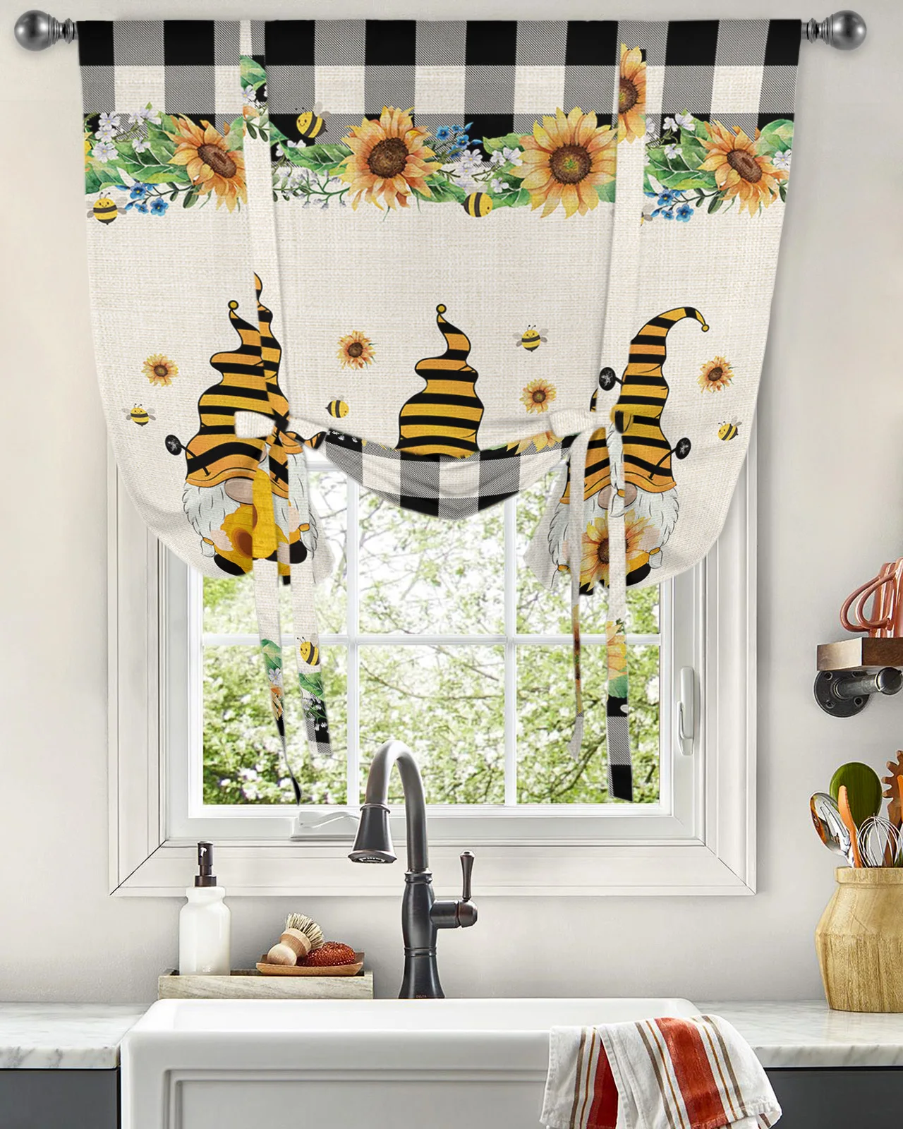 

Летние идиллические шторы в клетку с Пчелкой и подсолнухом для гостиной и кухни, Короткие шторы с завязкой, регулируемые шторы с карманами