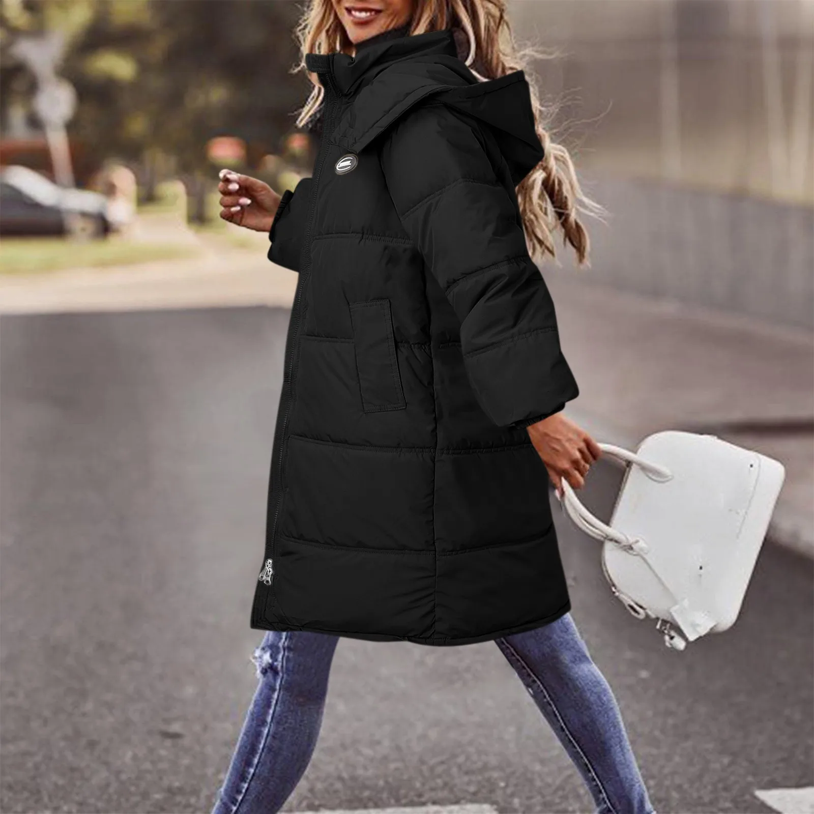 Winter Warm Down Jackets Women Casual Solid Coat Down Cotton Padded Jacket Hooded Vest Zipper Pocket Loose Long Sleeve Coat