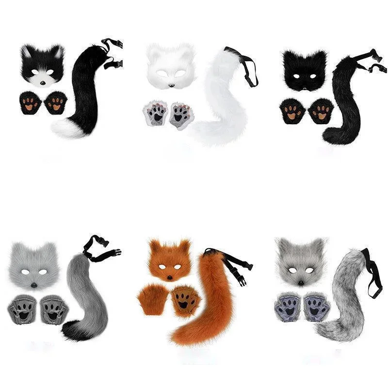 Gants et masque de loup en fourrure moelleuse, queue de renard, pattes de chat, ensemble de cosplay d'Halloween, accessoires de costume, beaux accessoires de cosplay Lolita, nouveau