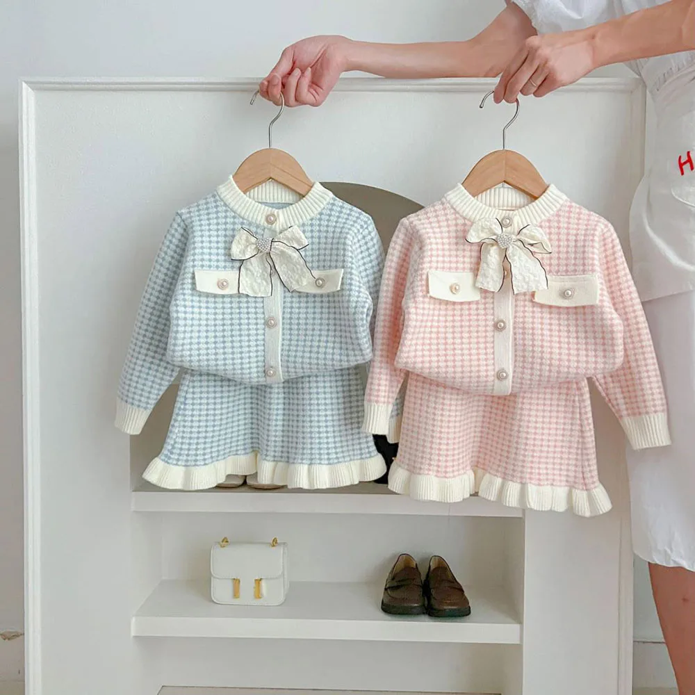 LILIGIRL Spring Autumn Children's Clothing Set Girls Plaid Knitted Sweater and Skirt 2Pcs Trendy Girls Bow Cardigan Outfit 1-5Y