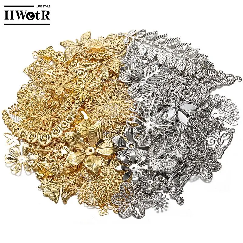 1 Bag Mixed Flower Filigree Wraps Beads Caps Petal Charms Metal Iron Gift Decoration DIY Gold Silver Rhodium 3 Colors