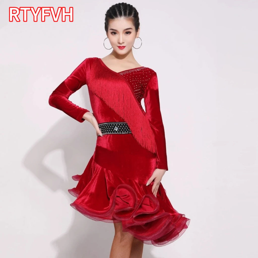 

1pcs/lot woman fashion velvet latin dancing dress lady winter long sleeve cha cha dancing ruffles dress