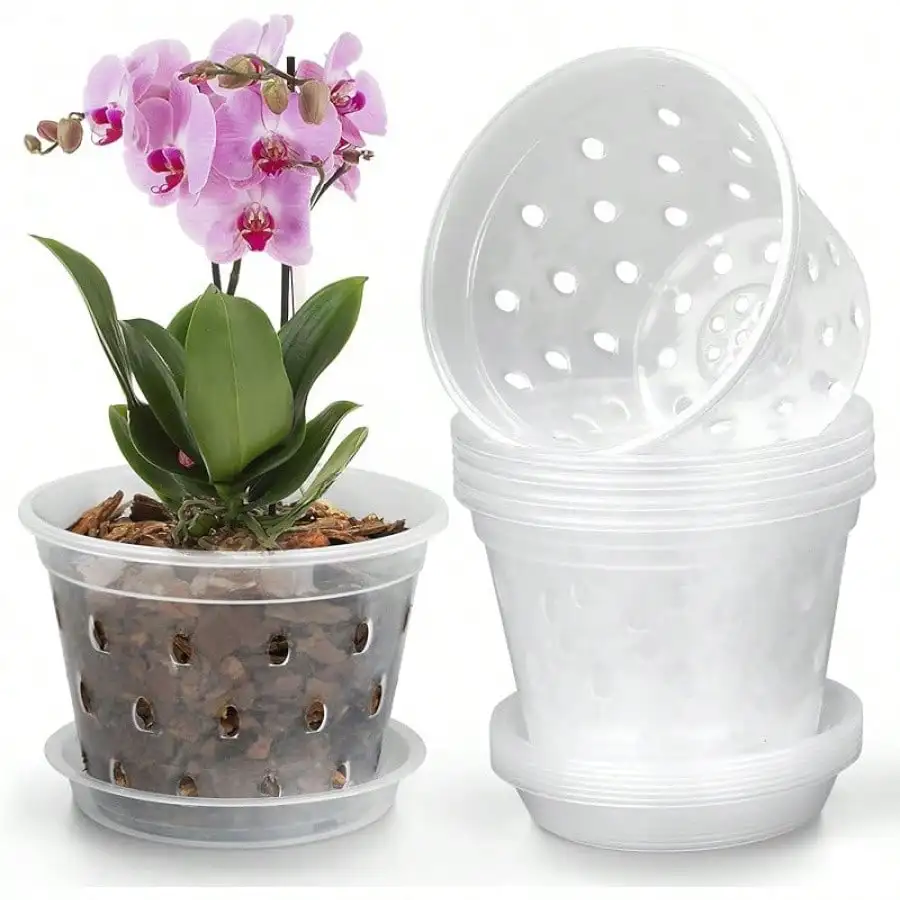 

Orchid Pot, 8 Pack 6 Inch Orchid Pots With Holes And Saucers, Plastic Flower Plant Pot Indoor Outdoor Plants,