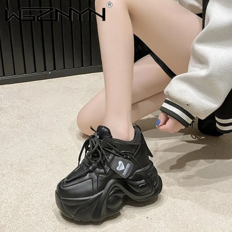 

Women High Platform Non-slip Sneakers Autumn Vulcanized Shoes 9.5CM Thick Sole Leather Casual Shoes Chunky Dad Sport Sneakers