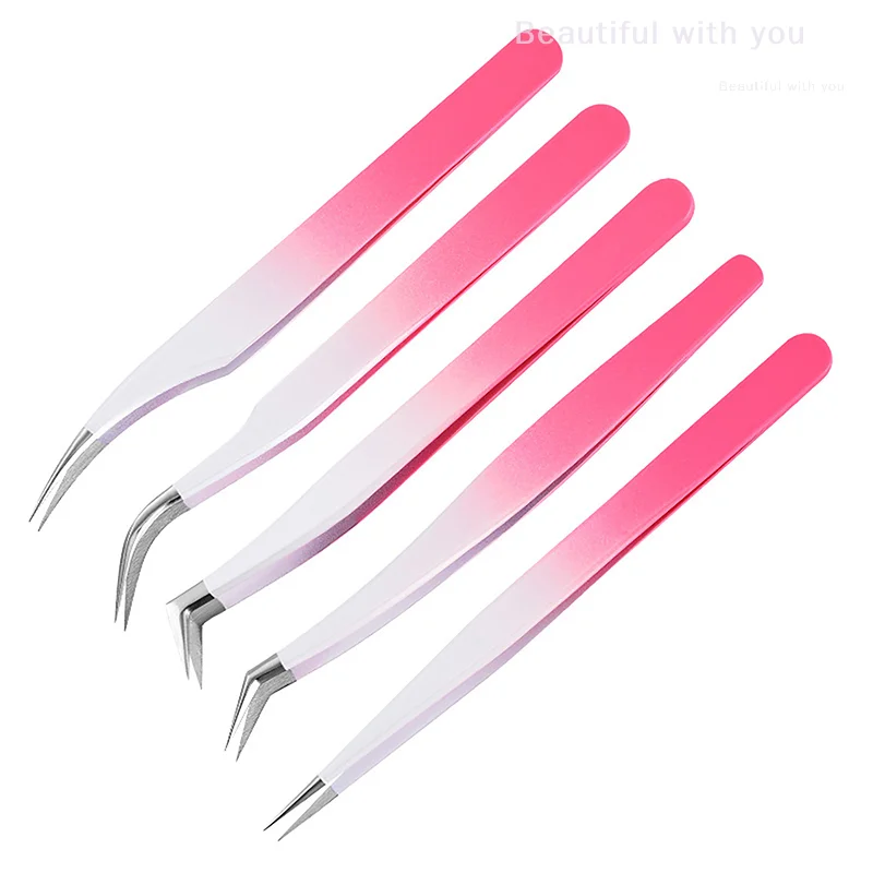 Eyelash Tweezers Extension Gradient Rose Red Stainless Steel Superhard Tweezers With Fiber Tips High Precision Ant-Static Tweez