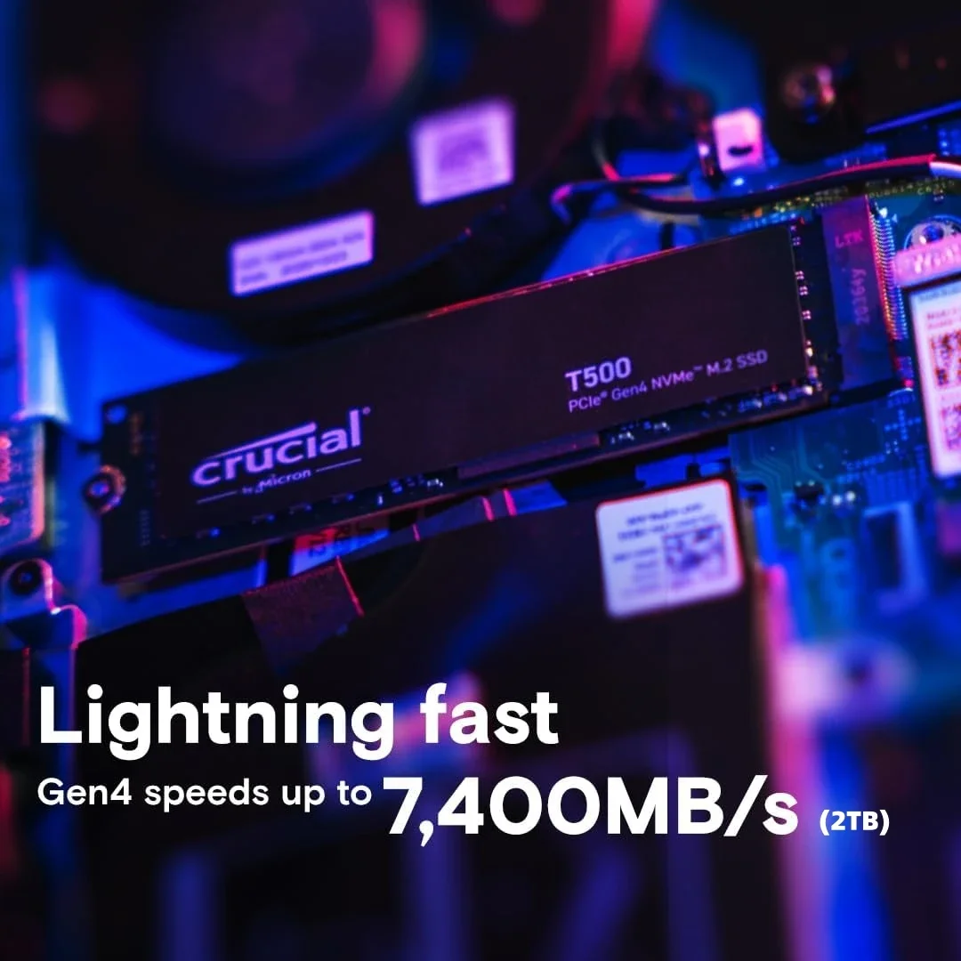 Crucial T500 1 تيرابايت PCIe Gen4 NVMe M.2 2280 SSD للألعاب الداخلية، ما يصل إلى 7300 ميجابايت/ثانية، متوافق مع الكمبيوتر المحمول وسطح المكتب