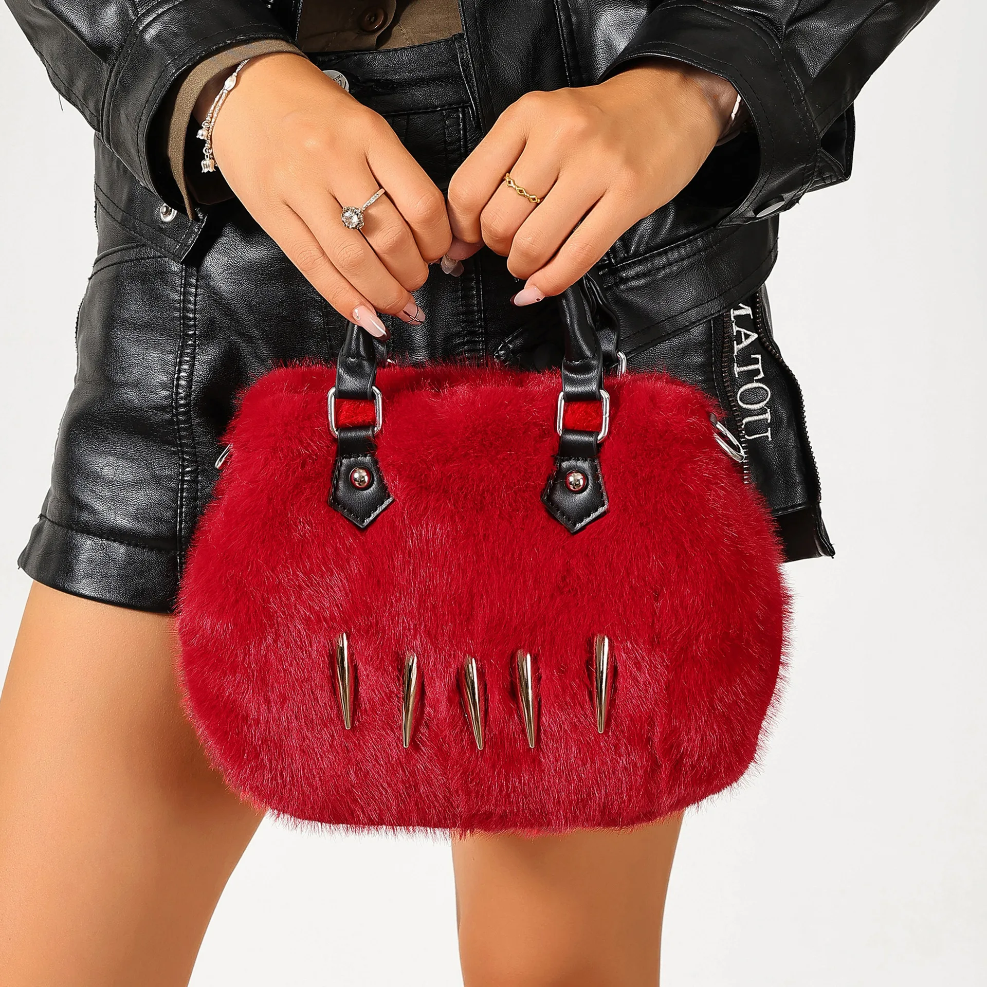 Halloween Women Faux Fur Handbag, Spike Decor Fluffy Top Handle Bag, Chain Crossbody Purse Gothic Party Shoulder Bag