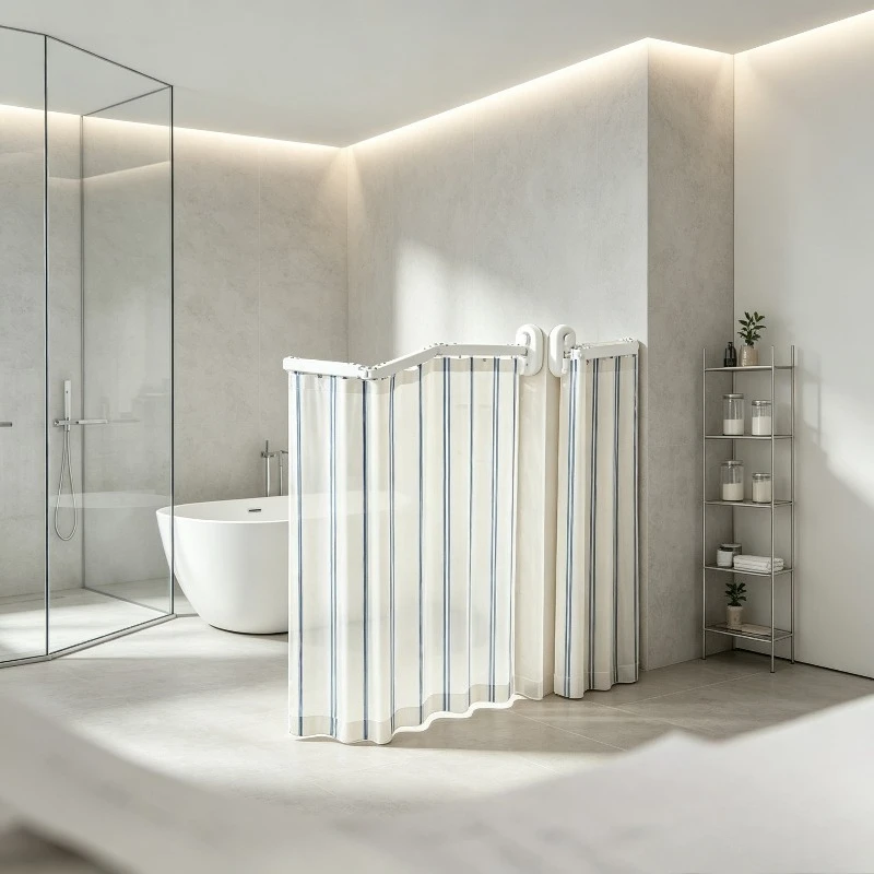 Foldable Linen Shower Curtain with Dual Suction, No-drill Waterproof Bath Screen, Wet-dry Separation Divider Panel for Shower.
