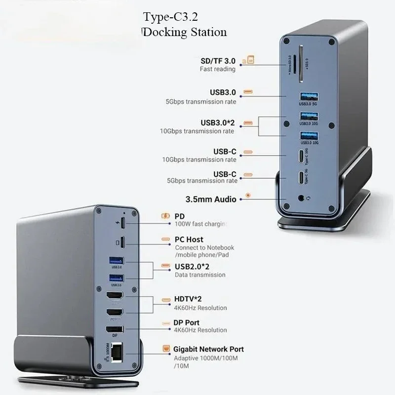 15-in-1 Vertical Docking Stations USB Docking Station TYPE C Hubs HDMI-Compatible 4K60Hz DP 4K60Hz RJ45 1000Mbps USB3.2 10Gbps