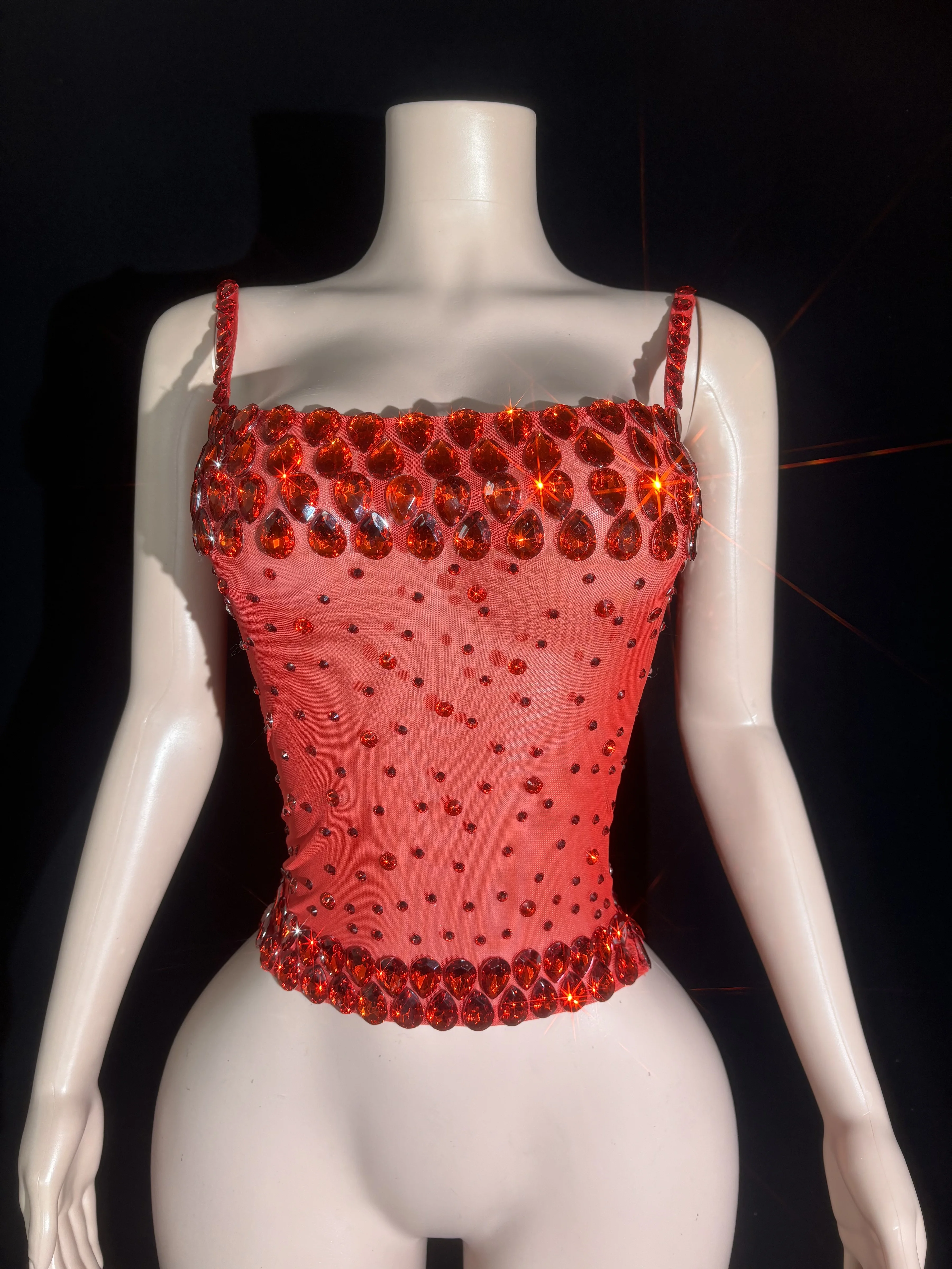 Sparkly Red Rhinestones 2-Pieces Sequins Long Dress Women Sexy Mesh See Through Celebrate Evening Prom Birthday Shoot Dress