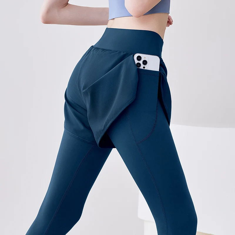 New Women's Yoga Pants Elastic Waist Fake Two Piece Fitness Training Leggings Woman Spring Autumn Pocket Running Sports Leggings