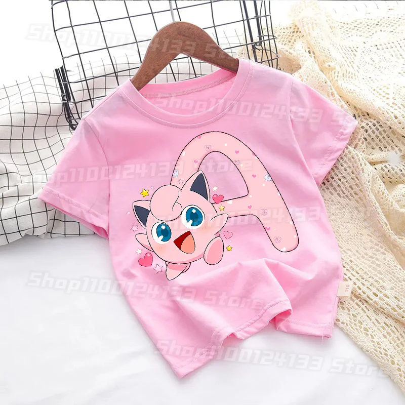 

Jigglypuffs Pink Girl's T-shirt Cotton Pokemons Game Letters Anime Print Tee Shirt Y2K Kawaii Fashion Clothes Kids Birthday Gift