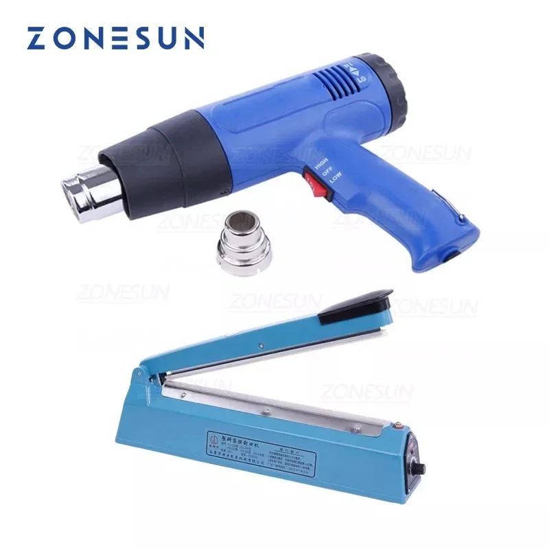 

ZONESUN Manual Plastic Shrink Film Sealing Machine Box Book Phone Poker Sealer Heat Wind Gun