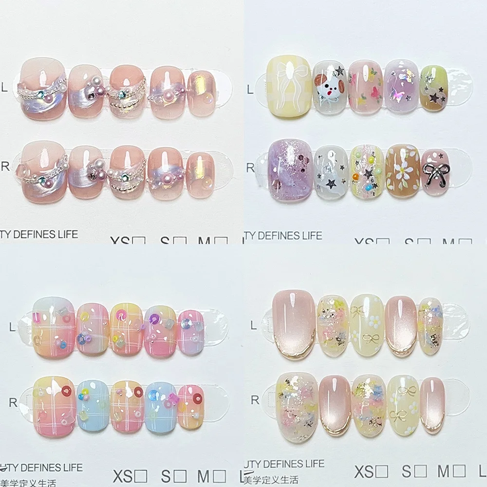 

Sweet Girlish Style Shining Cute Flower Glitter Powder Short Fake Nail 3D Pearl Cat Eye Dot Nail Art Summer Accessories Stickers
