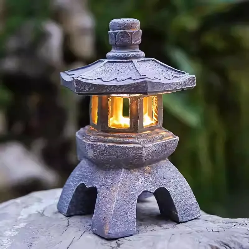 Solar Pagoda Lantern Resin Construction With LED Lighting Stone Finish And Solar Panel For Zen Garden Balcony Decor