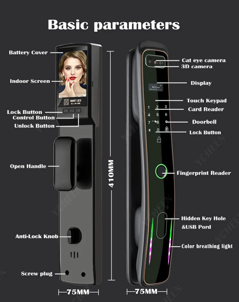 3D Face Fingerprint Recognition Smart Digital Electronic Lock Wifi Cat\'s Eye Doorbell Remote Phone Unlock With Nfc Code Card Key