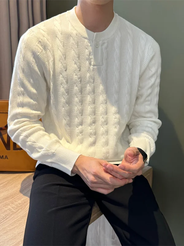 

Thi вязаный свитер с воротником Генри, мужской осенне-зимний теплый свитер на одной пуговице, длинный трикотаж в стиле ретро, чистый цвет