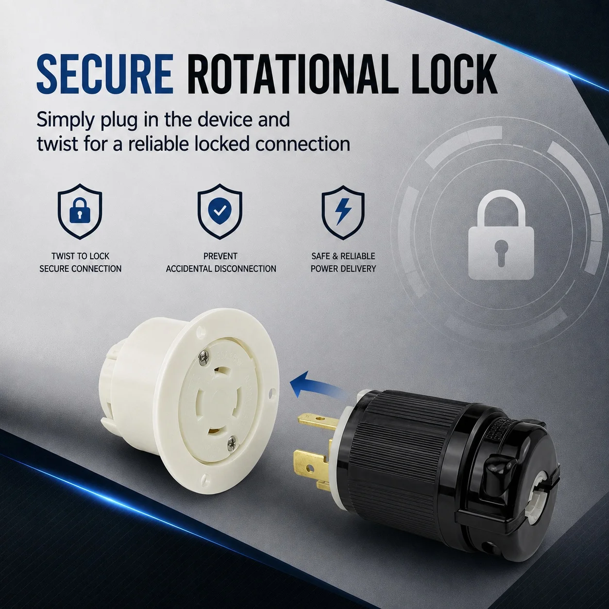 NEMA L14-20C Flanged Outlet Locking Plug Receptacle Panel Mount Black 20A 125/250V, 3-Pole 4-Wire Grounding Industrial Grade