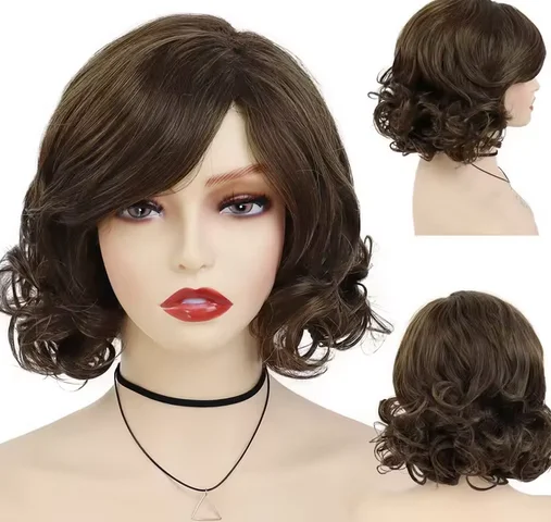 Peluca sintética elegante de pelo ondulado corto y rizado, peluca Bob marrón con separación lateral para mujer, uso diario esponjoso Natural para fiesta de Cosplay